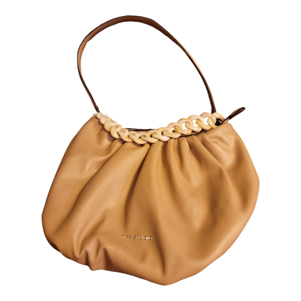 Max Studio purse beige natural chainlink tortoise shell handle leather pleated